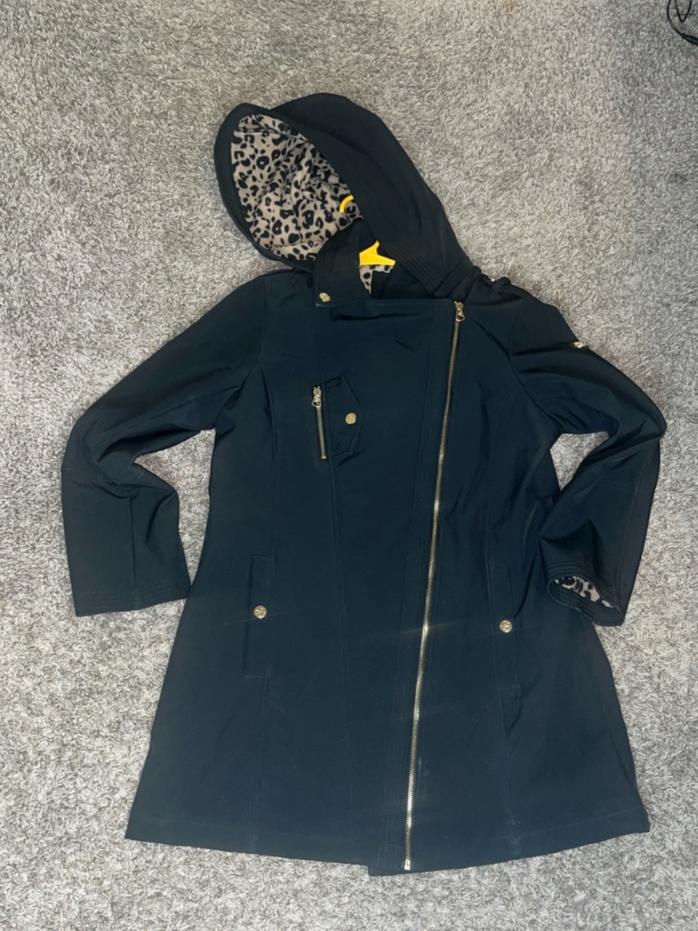 Jessica Simpson Black Trench Coat with Leopard-Print Hood Lining